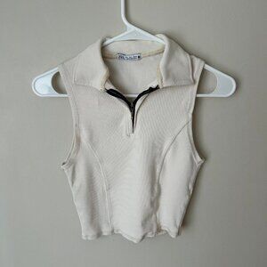 Zara Cream Ivory Sleeveless Half Zip Collared Top Women’s Size Large
